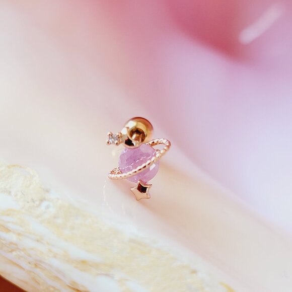 16G Rose Gold Planet Saturn with imitation pink opal clear CZ helix cartilage - Picture 4 of 6